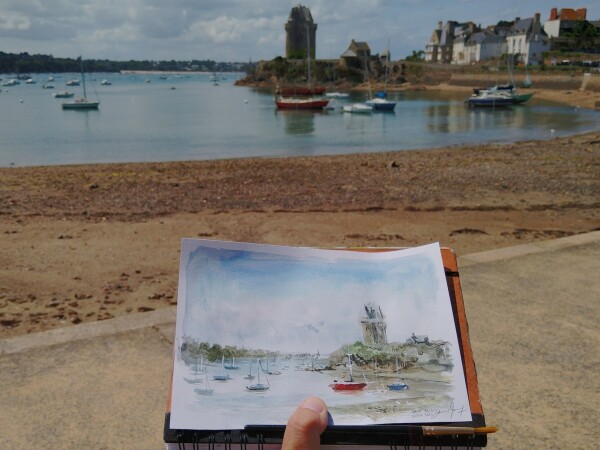 A photo of a landscape with boat and a tower near Saint-Malo, French Bretagne. Under the landscape, my watercolor interpretation.