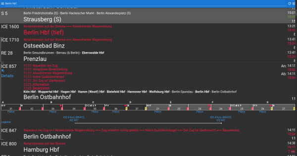 Website showing connection statuses (with delays) including which wagon is at which platform section.