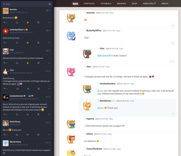 A side by side column of Mastodon comments; and on right the integration of the same comments (with cat avatars) on my blog. It was made in PHP with the Mastodon API and it used a cache.