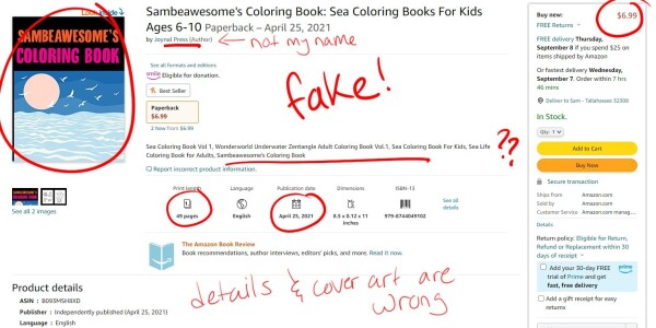 A screenshot of the infringing Amazon book page with me highlighting various inconsistencies or inaccuracies, such as the wrong book cover, author name, publishing date, page count, description, etc.