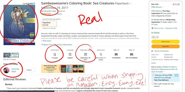 A screenshot of the real Amazon book page with me highlighting various important details to make sure you're buying the correct book, such as the correct book cover, author name, publishing date, page count, description, etc. Extra text reads: Please be careful when shopping on Amazon, Etsy, Ebay, etc!