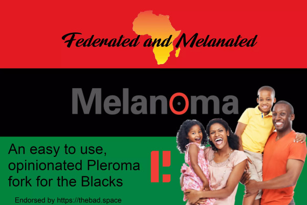 a black family in front of a pan african flag and the name of the project "melanoma" and an africa logo behind the text "federated and melanated"