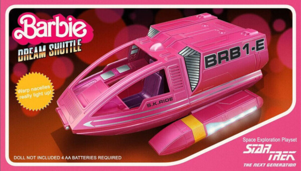 Barboe Dream shuttle from Star Trek the next generation, all in bright pink, with the label 'BRB1-E' on the side and the tagline "warp nacelles really light up!".