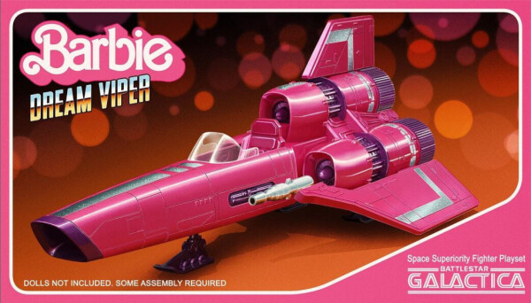 Barbie Dream Viper, from Battlestar Galactica, all in bright pink and the tagline "dolls not included, some assembly required"