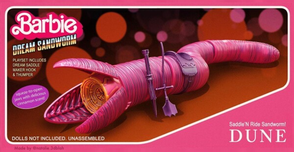 Barbie Dream Sandworm from Dune with the tagline: "playset includes dream saddle, maker hook, & thumper" and "squeeze-to-open jaws with delicious cinnamon scent!"