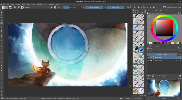 A very early stage in the making of a paitning about a tiny Firefox with a UblockOrigin shield vs a giant Chrome. It's a screenshot of the Krita painting application, dockers with layers, color selectors, brushes are visible.