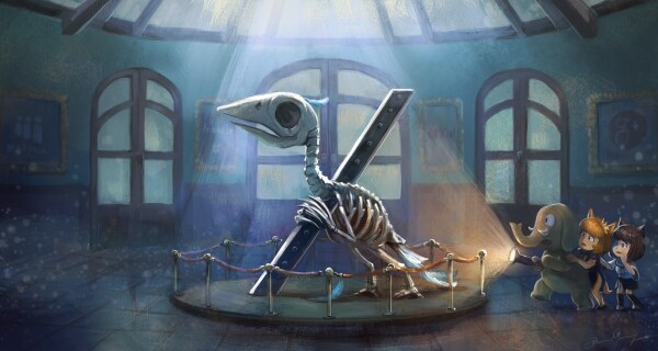 A digital painting scene of an old museum (like archeologycal museum) at night. In the main big room: a giant skeletton of a bird hold a big metal bar in the heart. The full shape looks like an X. A small group of cute mascots (joinmastodon.org, pleroma.social, and misskey-hub.net) discover the skeletton with an electric lamp and they feels frightened by it. 

License: CC-By 4.0 David Revoy, with mascots of joinmastodon.org, pleroma.social, and misskey-hub.net