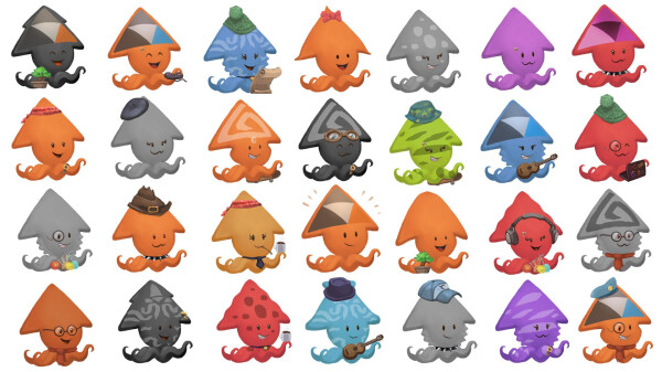 28 randomly generated colorful and cute squid avatars. Some plays guitare, other have headset, bonsai tree, laptop, with many accessories and gears that make them all unique.
In the center, Sepia, the official mascot of Peertube blends into their new group of friends.