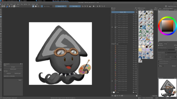 A screenshot of Krita with my workflow for doing Avatar generators: a long layer stack with precise named elements. Each layer name have export option for a 'batch exporter' script that output the trimming and the PNG output. My favorite combination in the middle: a metal squid with a spikey collar, steam punk glasses, black color, smiling, and with a color palette. 