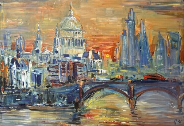 Rather abstract colourful impressionist painting of a view of London. In the foreground is the river Thames in various colours. There is a greyish blue bridge with touches of brown on it. There is some traffic on the bridge. In the background you see many London buildings. On the left is a light yellow palace like building, with many touches of blue and purple on it. In front of it are many buildings in several colours. On the right are mainly high greyish blue and purple coloured buildings. The sky is coloured in shades of mainly red and orange, but also brushes of green, blue, purple, yellow and brown.