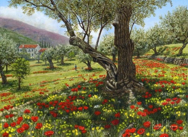 Painting of a green field in nature, with many little red and yellow flowers in the foreground. There is also a big tree with green leaves. Further back in the field are many more trees with light green leaves. In the background on the left is a small white house with an orange roof. On the horizon on the left is a purple mountain. The sky is blue with some white clouds.