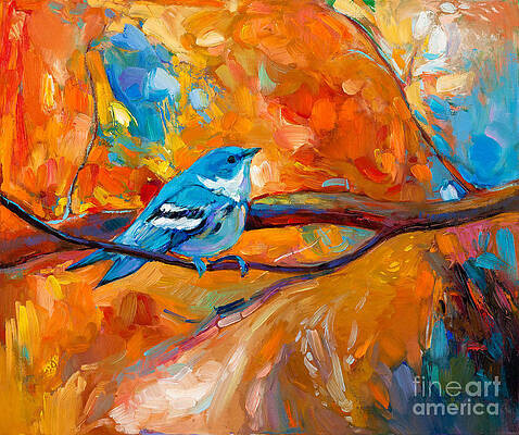 Rather abstract painting of a tree branch in many colours, full with abstract mainly orange coloured leaves, and two bright blue birds on it. On the right you see some bright blue background with touches of red, green and purple in it.