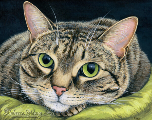 A pet portrait painting of a brown tabby cat laying on a green pillow.