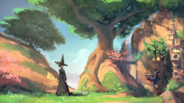 A digital painting, not detailed, of a witch walking in a landscape on the top of a mountain. The place has smooth rounded large rocks and beautiful trees growing on them. A waterfall, cherry trees in blossom, flowers on the grass. The entrance to a cave can be seen, and another witch, Pepper, is walking along it. The cave has a corner for storing food, an improvised shower under the waterfall, and a giant cat tree. A strong sunlight bathes the scene. 

Licence: CC-BY 4.0