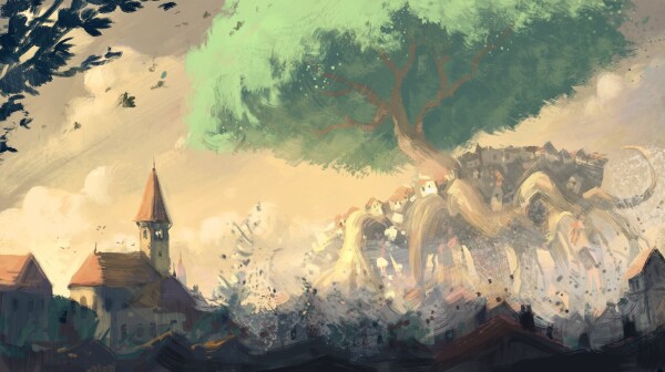 A non-detailed digital painting of a landscape during a disaster: a very large tree (100 metres high) in the middle of a medieval town tries to remove its roots from the ground, as if it wanted to walk with them. A lot of houses on the edges of the roots are destroyed. A lot of dust flies and a strong wind blows it all over the scene. 

Licence: CC-BY 4.0