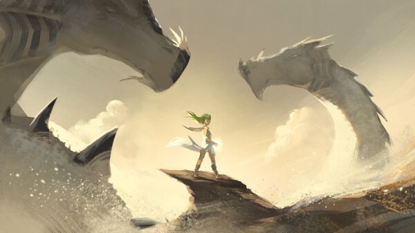 A digital painting of a young witch with green hair and white clothes. She looks powerful on top of a rock, high in the sky. Behind her are two very large white dragons protecting her. The scene is very light.

Licence: CC-BY 4.0