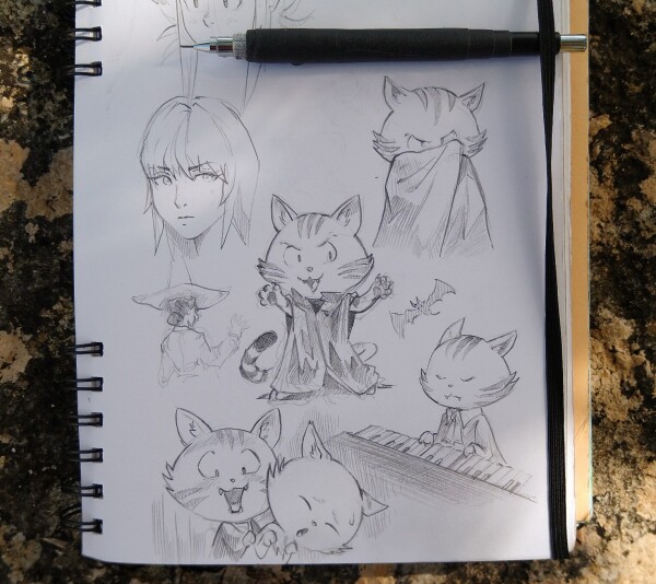 Photo of a sketchbook page: 4 sketches of a cat behaving like a Vampire: showing proudly teeth, playing organ, trying to bite another cat, hidding in his cloack. It's not drawn realistically, greyscale cartoony humourous pencil sketches. License: CC-BY 4.0