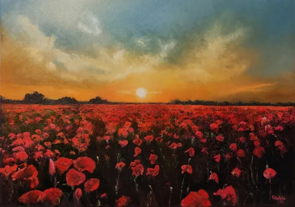 Warm colouresd painting of a field full with red flowers. The sky is bright orange just above the horizon, with a little white sun. Above, the sky is blue, with white clouds with a touch of orange on them.