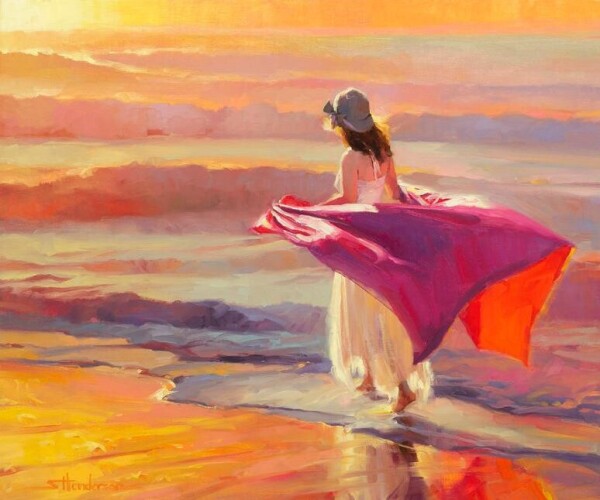 Art print of an original oil painting by Steve Henderson depicting a young woman walking barefoot on the beach, through a gentle surf, at sunset. The colors are warm golds and corals, pinks and oranges, gentle reds and creams.