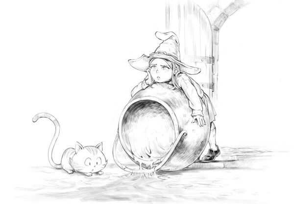 A black and white sketch of Pepper, then a very young witch, in a scene where she is disgusted and discouraged after knocking over a magic cauldron almost her own size. The scene takes place afterwards, at a time when she no doubt imagines having to clean up and start all over again. That particularly thankless moment after any such disaster... Carrot, curious by nature, looks at the viscous liquid spilled on the floor. 

License: Creative Commons Attribution 4.0, David Revoy.