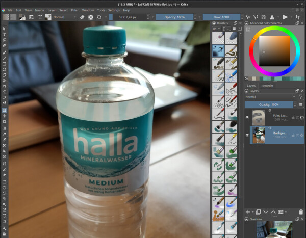 A screenshot of Krita, with a photomontage over the photo shared by Halla: the bottle doesn't read hella, but halla. 