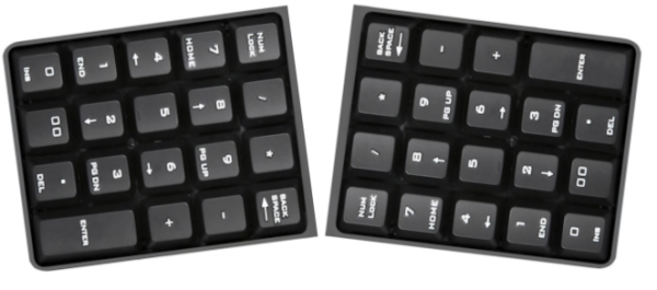 A badly edited photo of two number pads turned sideways and arranged like a split ergonomic keyboard.