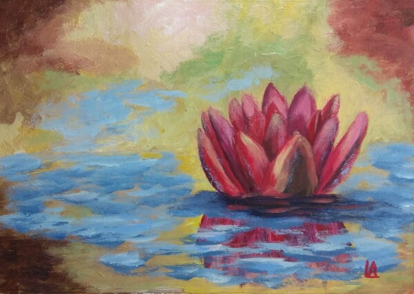 Painting of a large dark pink water lily in yellow and brown coloured water, with many brushes of light blue on it. The water lily is reflected in the water beneath. The background is coloured in a mixture of soft shades of yellow, green, blue, pink and brown.