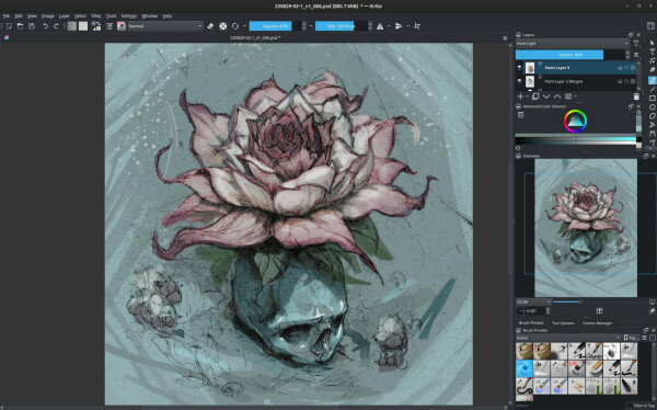 some digital color on a pencil sketch of a bloom which grows on top of a skull.