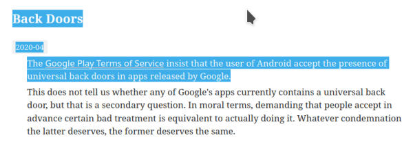 Back Doors

2020-04

The Google Play Terms of Service insist that the user of Android accept the presence of universal back doors in apps released by Google.

Source: https://www.gnu.org/proprietary/malware-google.en.html