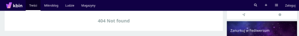 Komunikat po wybraniu karabina - kbin.social jako naszej domeny. Strona zwraca błąd 404. Co ciekawe, bez zalogowania.