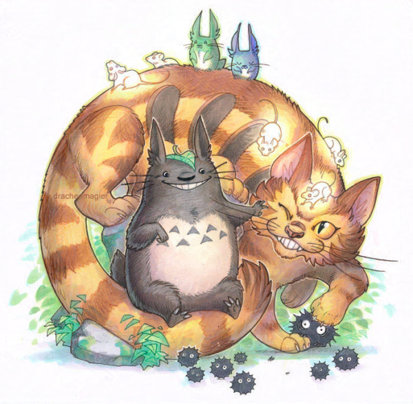 Totoro sitting on the tail of catbus, surrounded by dustbunnies and glowing mice.