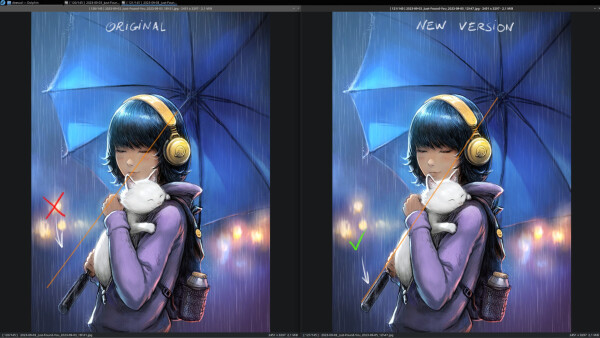 screenshot comparing original and new version of the alignement of the umbrella.