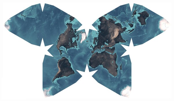 World map using the Waterman Butterfly projection. The map was created by Fabian Ehmel and Boris Müller.