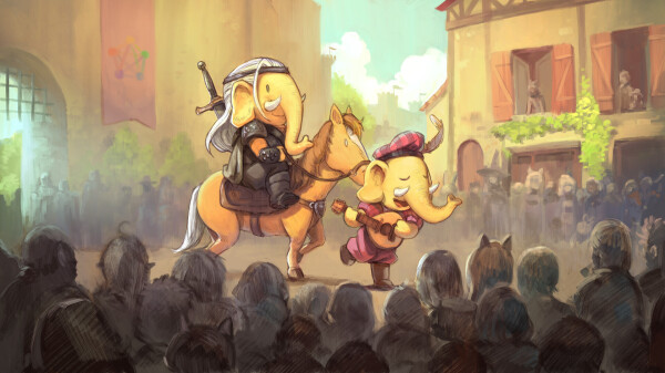 A digital painting cartoon parody of "The Witcher" with a mastodon-ified Geralt and Jaskier in the street of a castle (with the banner of the Fediverse). Mastogeralt is on a horse, happy, while mastoJaskier sing ahead of the horse, just walking and playing the luth. In the large audience (painterly) we can recognise Ai or Pleroma. 

Licence: Creative Commons Attribution 4.0