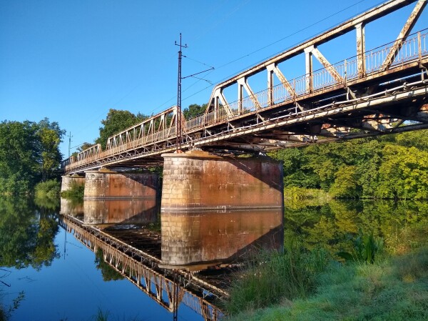 Fotografia mostu kolejowego pod kątem około 30° od osi. To stalowa konstrukcja z kratownicami powyżej poziomu mostu. W miejscach zejścia dwóch sąsiednich odcinków kratownic podpory z cegły. NA dwóch z podpór znajdują się słupy sieci trakcji elektrycznej. Przewód trakcyjny podwieszony jest nad jednynym torem. Po lewej stronie widać barierkę zabezpieczającą kładkę dla pieszych.

Na przeciwległym brzegu most otoczony jest gęstym, zielonym lasem. Nad mostem dominuje błękit nieba. Całość odbija się pięknie w wodzie jeziora.