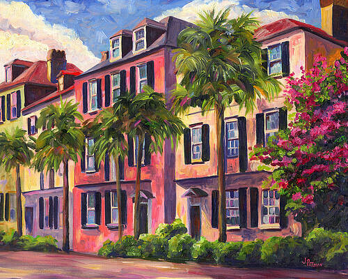 Painting of a row of colourful high high houses. The houses are coloured in shades of pink, yellow and purple. The street in front of the is coloured is shades of pink, purple and yellow. In front of the houses on the right is a row of small green bushes. Also on the right you see part of green tree with many pink flowers in it. Also there are five green palm trees in front of the houses. The sky is blue with white clouds.