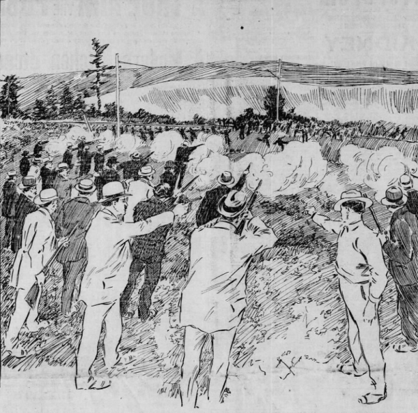 Retreating striking miners being shot in their backs by deputized posse, September 10, 1897. By Unknown author - The Philadelphia Inquirer, September 12, 1897https://www.newspapers.com/image/168032656/, Public Domain, https://commons.wikimedia.org/w/index.php?curid=74827096