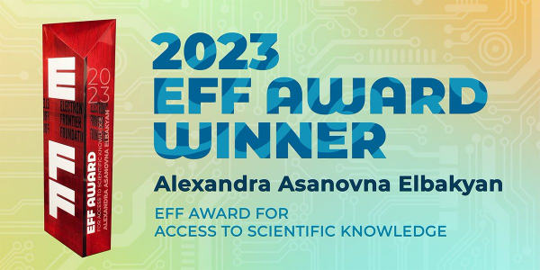 An image of the 2023 eff award for alexandra asanova elbakyan. The award is a red glass obelisk with the EFF logo. It says: EFF Award for access to scientific knowledge. 
