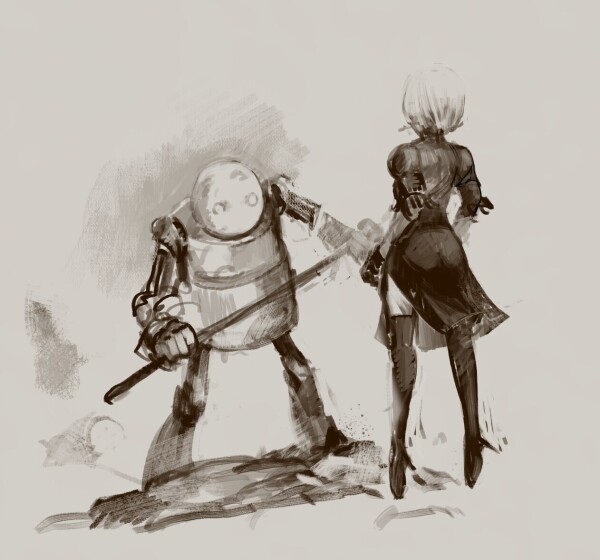 A digital painting sketch of 2B in levitation in front of one of the robot ennemy in the game.