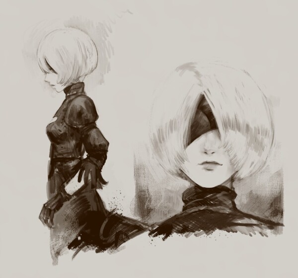 Quick digital sketch from memory of 2B side view and front view portrait.