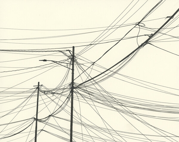 Black ink drawing of utility poles and power lines