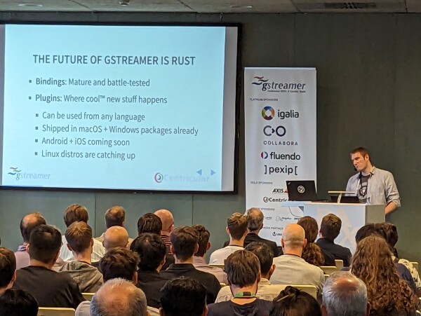 A slide from the GStreamer State of the Union talk at GStreamer Conference 2023 with the title "The Future of GStreamer is Rust".

The slides describes the Rust bindings as mature and battle tested, and the Rust plugins being where the cool new stuff happens.