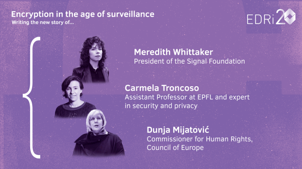 Illustration with the three speakers at the "Encryption in the age of surveillance" event. Meredith Whittaker, Carmela Troncoso and Dunja Mijatovic. 