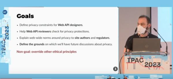 Snapshot of the video of the lightning talk delivered by Jeffrey Yasskin on the W3C TAG's Privacy Principles - at the W3C TPAC 2023.