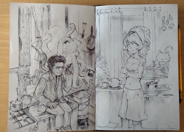 Sketchbook, ballpen. 
Left page: Columbo sitting in a old kitchen with a big octopus playing with a knife
Right: A young anime JRPG like character in front of a buffet with sweets. A cat is stealing a waffle.