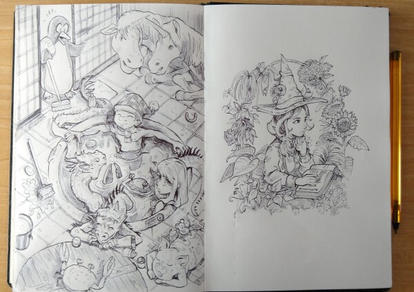 Sketchbook, ballpen. 
Left: a pinguoin who does the cleaning in a bathtub place surprise many creature having a hot bath. Unicorns are talking, a pig is getting a massage by a mouse.
Right: A young witch of Hippiah , a magic of my webcomic Pepper and Carrot. She think while reading a spellbook , surrounded with nature and plants.