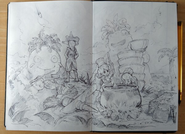 Sketchbook, ballpen.
Two cute dwarf anime creature wearing clothes of cook are cooking in a caldron instant noodle soup. Noodle are visible, a carrot is being cut, a big flavor plastic bag in foreground. In background, two giant creature are enjoying the meal with bowl and chopsticks.