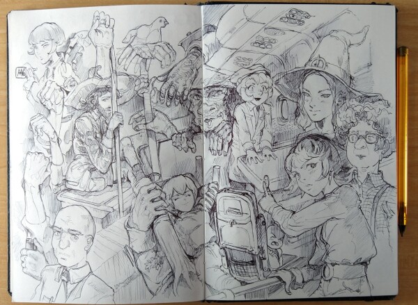 Sketchbook, ballpen.
A messy page with hands,  characters, part of inner of a plane, and many random detail. Everything is intertwined on a double page.