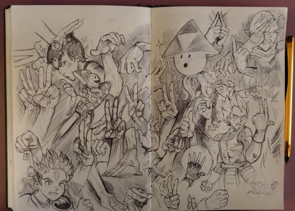 Sketchbook , ballpen.
More hands fails and retry. Sepia invited themselve to the party, fan-art from imagination of Vegeta, Piccolo and Bruce Lee, and Dai from dragon quest with his sogn of the dragon on forehead. Also, a random tea bag.