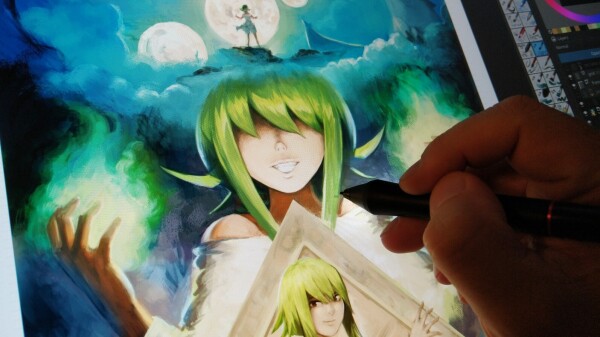 A photo of my hand with my stylus above the screen of the XPPen Artist Pro 24 while painting a panel. It's a panel of a young character with green hair and magical power. As written on the toot: it has a low-key lighting, villain pose and cool tones. She smiles like she just comitted a bad things in madness. 